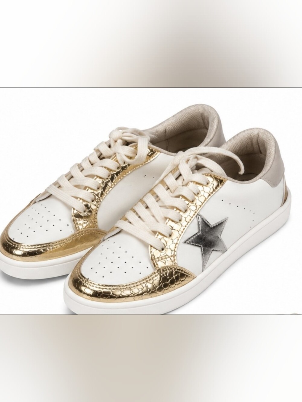 MKS Women's Fashion Sneakers White with Gold Accents and Silver Stars Size 7